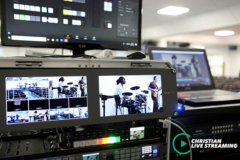 Shows a portable vision mixing system with two screens at the top